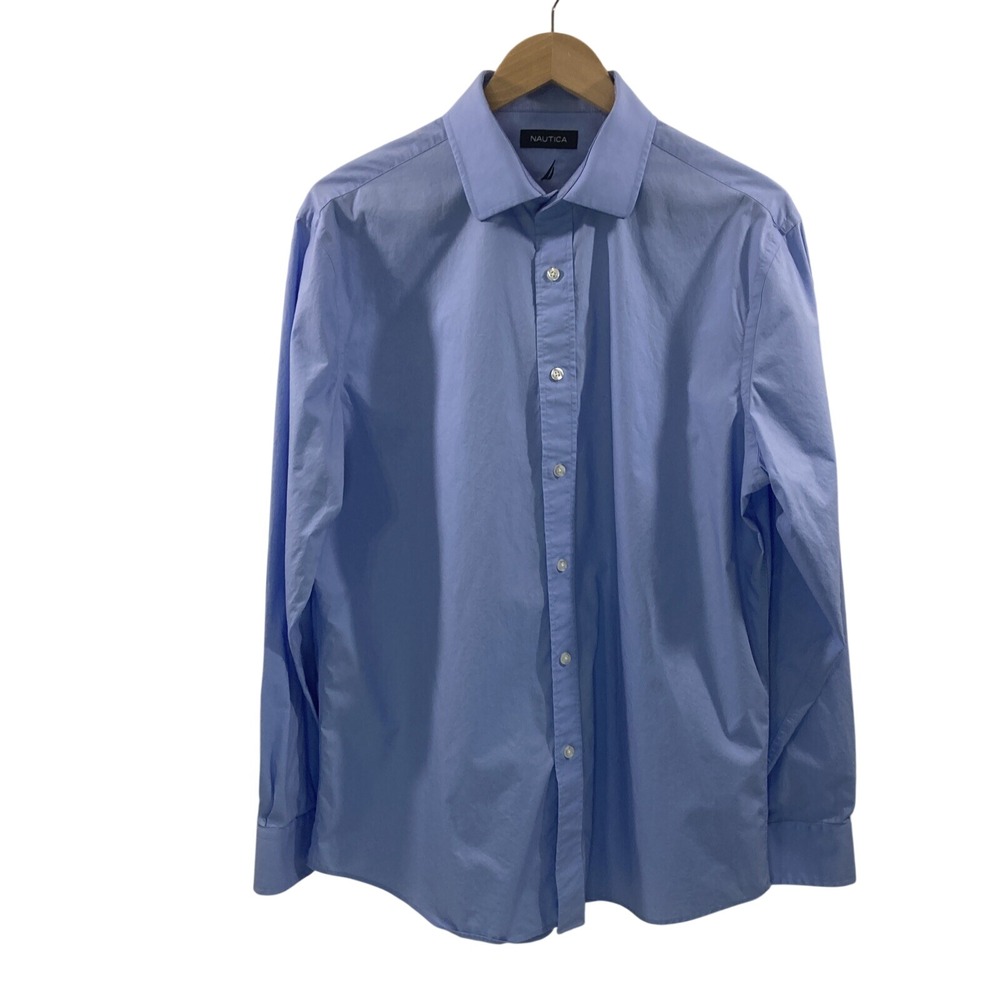 Nautica Mens L Button Up Shirt Blue Long Sleeves 16 34/35